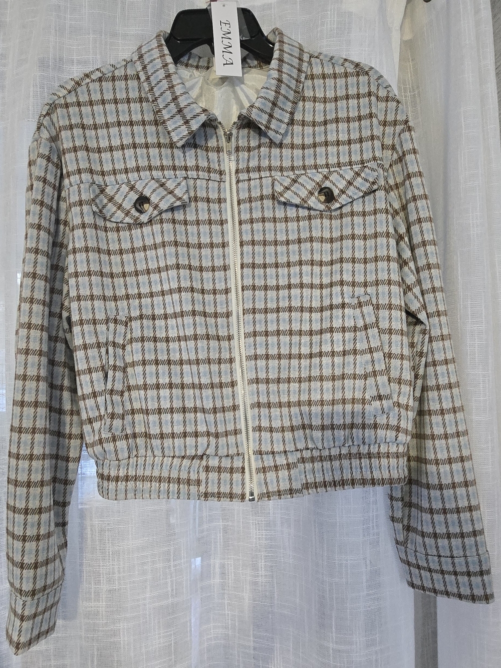 Plaid Cropped Zip Jacket - Cream & Brown